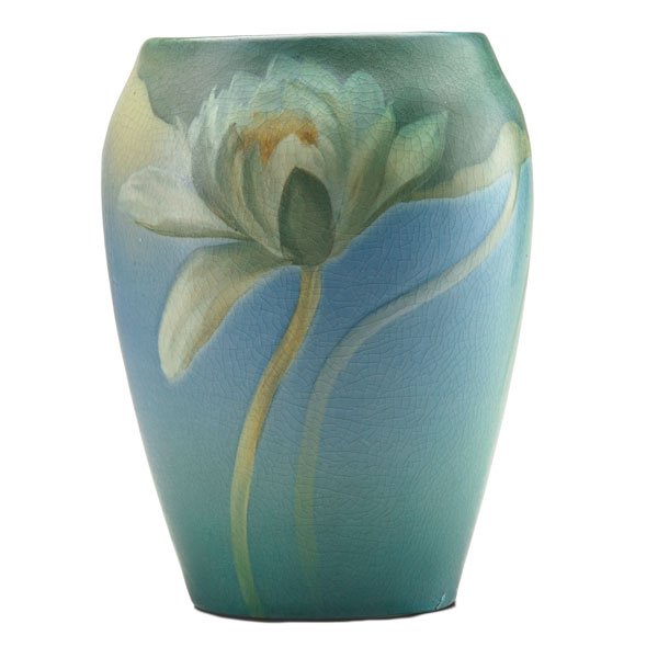 ED DIERS; ROOKWOOD Vellum vase w/ waterlilies: ED DIERS (1870 - 1947) ROOKWOOD Vellum vase with water lilies, Cincinnati, OH, 1906; Flame mark/VI/942B/V/X and artist's cipher; 8 1/2" x 6" Provenance: The Lillian Hoffman Collection