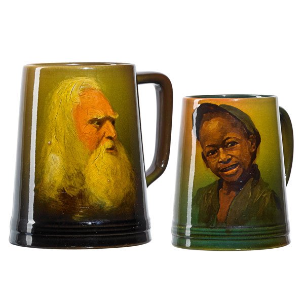 S. LAURENCE; B. HORSFALL; ROOKWOOD Two mugs: STURGIS LAURENCE (1870 - 1961) BRUCE HORSFALL ROOKWOOD Two Standard Glaze mugs, one with portrait of Rip Van Winkle (1896), one with African-American child (1894), Cincinnati, OH, 1896; Both with flam