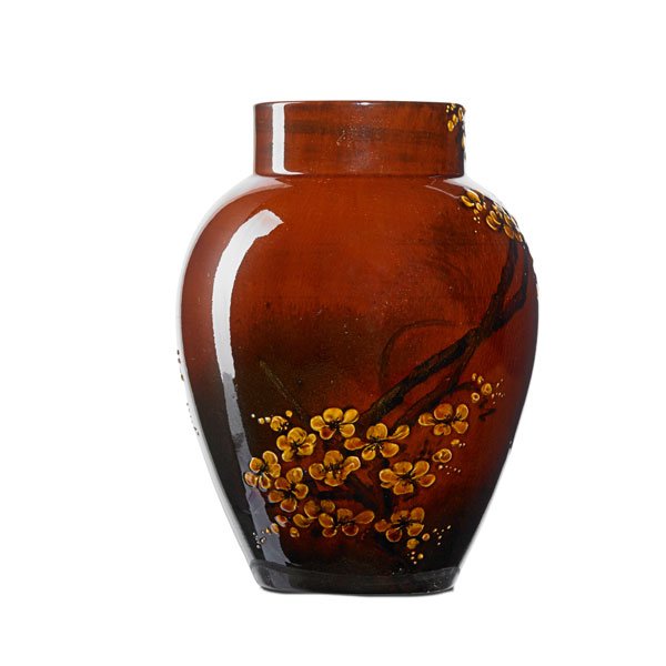 LAURA FRY; ROOKWOOD Early Standard Glaze vase: LAURA FRY (1857 - 1943) ROOKWOOD Early Standard Glaze vase with apple blossoms and some Tiger Eye flecking to base, Cincinnati, OH, 1885; Stamped ROOKWOOD 1885/R/162C/artist's signature/X; 8 1/2" x 6 