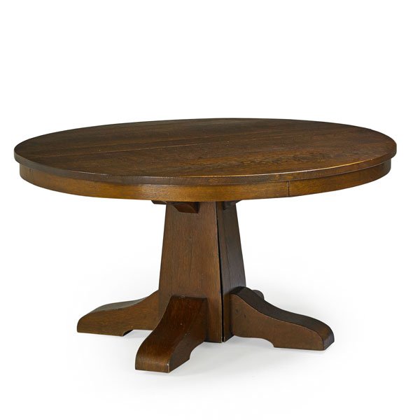 GUSTAV STICKLEY Pedestal dining table: GUSTAV STICKLEY Pedestal dining table, Eastwood, NY, ca. 1907; Red decal; 29 1/2" x 54", six leaves: 11" ea.