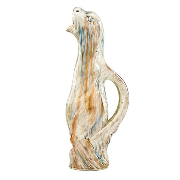 ZSOLNAY Rare howling otter pitcher: ZSOLNAY Rare howling otter pitcher, Pecs, Hungary, ca. 1900; Raised five churches mark/6349M/original Korona paper label; 15 1/2" x 6"