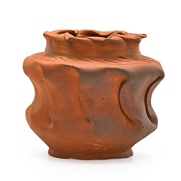 GEORGE OHR Large bisque vessel: GEORGE OHR (1857 - 1918) Large bisque vessel with folded and crimped rim and incised decoration, Biloxi, MS, 1898-1910; Script signature; 4 1/2" x 5"