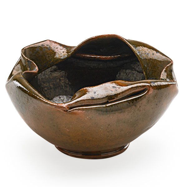 GEORGE OHR Vessel with folded and crimped rim: GEORGE OHR (1857 - 1918) Vessel with folded and crimped rim, ochre, green and gunmetal glaze, Biloxi, MS, 1897-1900; Stamped G.E. OHR, Biloxi Miss.; 2 3/4" x 5"