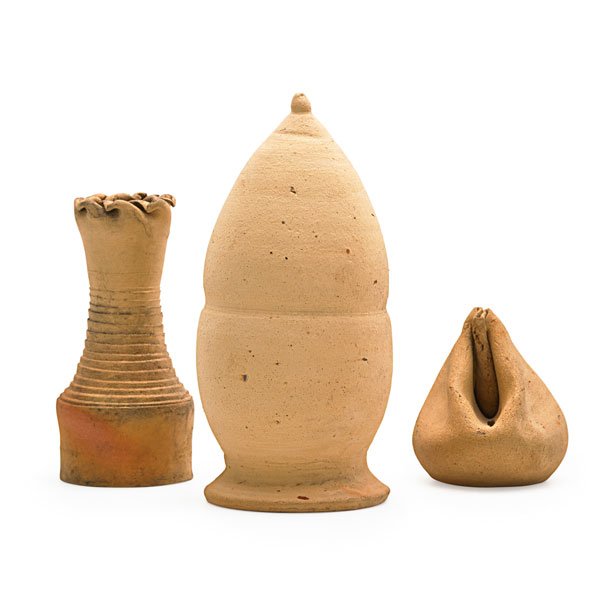 GEORGE OHR Three bisque pieces: GEORGE OHR (1857 - 1918) Three bisque pieces: two banks and one cabinet vase, Biloxi, MS, 1897-1900; Signed G.E. OHR Biloxi Miss.; 6 1/4", 4 1/2", 2 3/4"