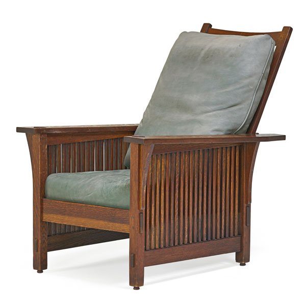 GUSTAV STICKLEY Spindle Morris chair: GUSTAV STICKLEY Spindled Morris chair, Eastwood, NY, ca. 1907; Unmarked; As shown: 37" x 27 3/4" x 34 1/4"