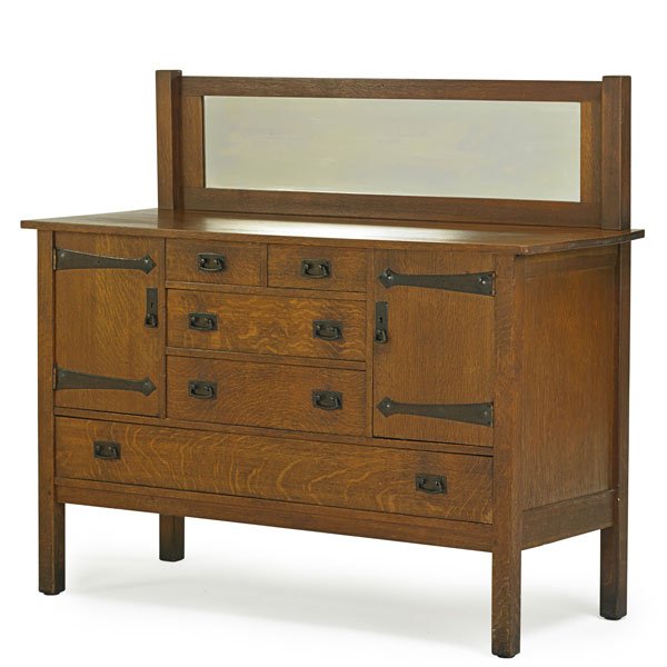 L. & J.G. STICKLEY Sideboard: L. & J.G. STICKLEY Sideboard with mirror, Fayetteville, NY, ca. 1912; Branded, "The Work Of…"; 50" x 56" x 22"