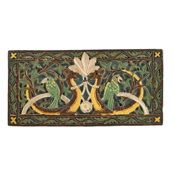 MALIBU Tile, "Parrots and Dragons": MALIBU Polychrome earthenware tile, "Parrots and Dragons," Malibu, CA, 1930s; Marked B104 in ink; 8" x 16" Literature: California Tile: The Golden Era 1910 - 1940, Hispano-Moresque to Woolenius, p. 59