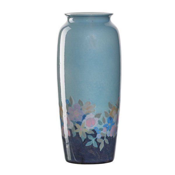 ARTHUR CONANT; ROOKWOOD Jewel Porcelain vase: ARTHUR CONANT (1889 - 1966) ROOKWOOD Jewel Porcelain vase with flowers, Cincinnati, OH, 1919; Flame mark/XIX/904D/artist's cipher; 8 3/4" x 3 1/2"