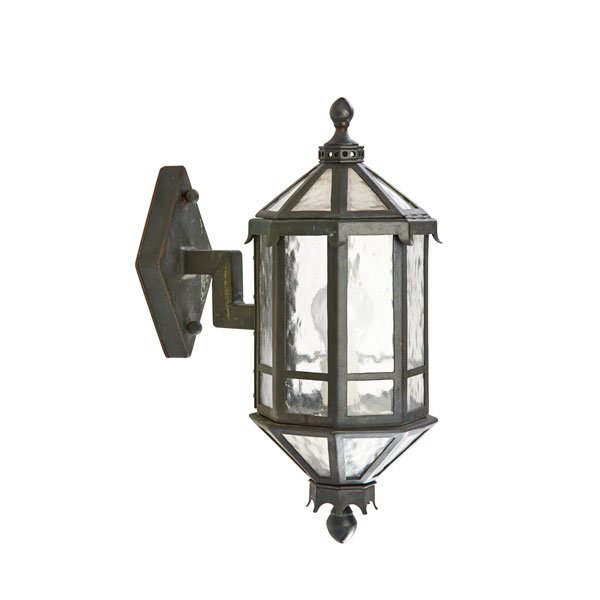 SAMUEL YELLIN METALWORKERS Colonial style lantern: SAMUEL YELLIN METALWORKERS Colonial style wall-mounting lantern, Philadelphia, PA, 1986; Patinated bronze, glass, single socket; Stamped YELLIN; 11 1/2" x 7" x 11 1/2"