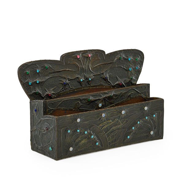 ALFRED DAGUET (Attr.) Art Nouveau letter holder: ALFRED DAGUET (Attr.) (1875 - 1942) Art Nouveau letter holder with peacocks, France, ca. 1905; Gold washed repousse copper, glass cabochons, wood; Unmarked; 7 3/4" x 13" x 3 3/4"