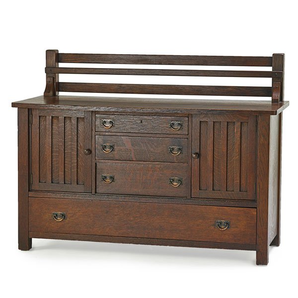CHARLES STICKLEY (Attr.) Sideboard: CHARLES STICKLEY (Attr.) Sideboard, Grand Rapids, MI, ca. 1910; Unmarked; 45” x 60” x 23” Provenance: Residence of New York architect Emery Roth; Publication: "Mansions in the Clouds: The Skyscr