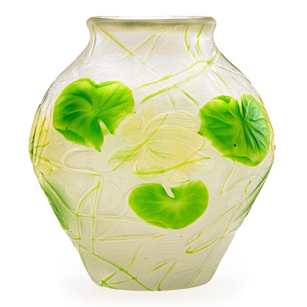 TIFFANY STUDIOS Favrile cameo glass vase: TIFFANY STUDIOS Favrile cameo glass vase wheel-carved with waterlilies, New York, 1906; Etched L.C. Tiffany-Favrile/9822A; 5 3/4" x 4 3/4"