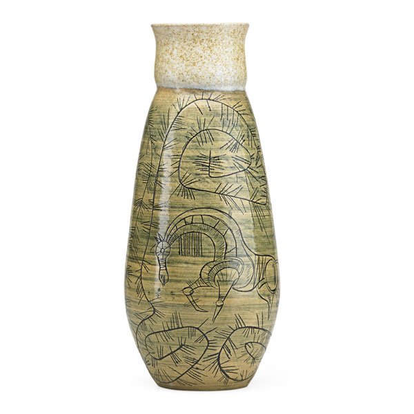 AARON BOHROD; F.C. BALL Tall vase: AARON BOHROD (1907 - 1992) F. CARLTON BALL (1911 - 1992) Tall glazed stoneware vase incised with horses and plants, Wisconsin, 1950s; Signed; 14 1/4" x 6 1/4"