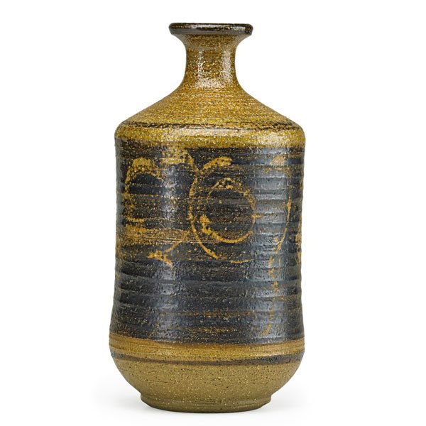 PETER VOULKOS Stoneware bottle: PETER VOULKOS (1924 - 2002) Glazed stoneware bottle, USA, 1950s; Signed; 9" x 4 1/2" Provenance: The Lillian Hoffman Collection