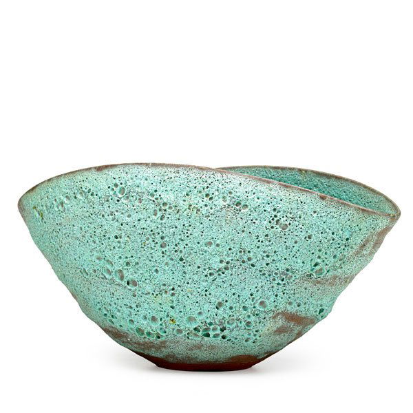 BEATRICE WOOD Folded bowl, volcanic glaze: BEATRICE WOOD (1893 - 1998) Folded bowl, verdigris volcanic glaze, Ojai, CA; Signed BEATO; 5 1/2" x 10 1/2" x 6" Provenance: The Lillian Hoffman Collection