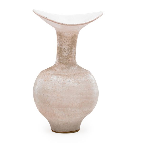 LUCIE RIE Flaring vase: LUCIE RIE (1902 - 1995) Flaring vase, frothy white glaze, ca. 1980; Chopmark; 10 1/2" x 6 1/2" Provenance: The Estate Of Dr. David V. Becker; Graham Gallery, New York, 1985. Copy of original receipt a