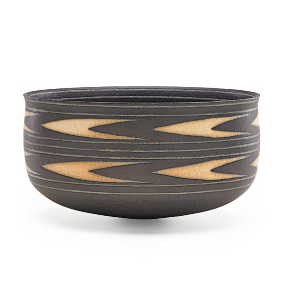 ALEV EBUZZIYA SIESBYE Chevron bowl: ALEV EBUZZIYA SIESBYE (b. 1938) Glazed stoneware bowl with chevron pattern, Paris, France, 1991; Signed and dated; 5 1/4" x 10" Provenance: The Estate Of Dr. David V. Becker; Galerie Besson, London, 1