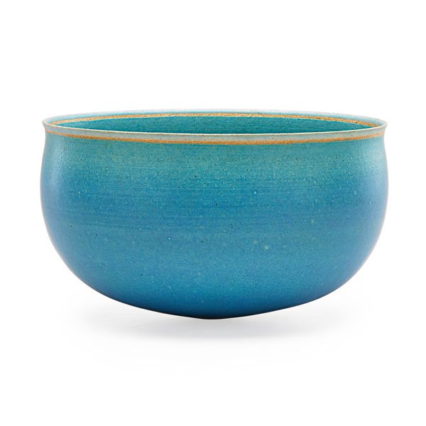 ALEV EBUZZIYA SIESBYE Turquoise bowl: ALEV EBUZZIYA SIESBYE (b. 1938) Stoneware bowl, turquoise blue glaze, Paris, France, 1991; Signed and dated; 5 3/4" x 9 1/2" Provenance: The Estate Of Dr. David V. Becker; Garth Clark Gallery, New Yor