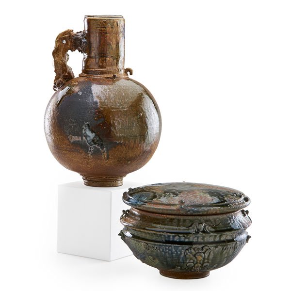 DON REITZ Two vessels: DON REITZ (b. 1929) Glazed stoneware pitcher and lidded vessel, Madison, WI, 1970s; Both signed; 14 3/4" x 9 1/2", 7 1/2" x 10"