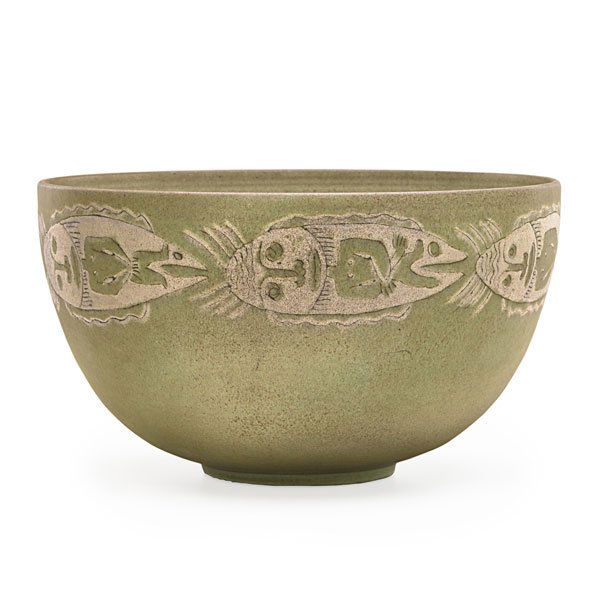 SCHEIER Large bowl: EDWIN SCHEIER (1910 - 2008) MARY SCHEIER (1908 - 2007) Large glazed earthenware bowl with fish and figures, New Hampshire, 1960s; Signed Scheier; 7 1/4" x 12 1/2" Provenance: The Estate Of Dr. David V