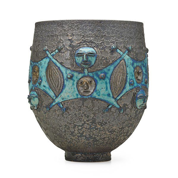 EDWIN AND MARY SCHEIER Large coupe: EDWIN SCHEIER (1910 - 2008) MARY SCHEIER (1908 - 2007) Large coupe with figures and volcanic bronze and turquoise glaze, Green Valley, AZ, ca. 1980s; Signed Sheier; 10 1/2" x 8 1/2" Provenance: The Li