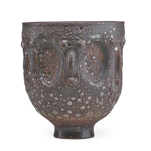 SCHEIER Coupe: EDWIN SCHEIER (1910 - 2008) MARY SCHEIER (1908 - 2007) Coupe with figural medallions, manganese volcanic glaze, Green Valley, AZ, 1986; Signed and dated; 10 1/2" x 9 1/2" Provenance: Collection of Bur