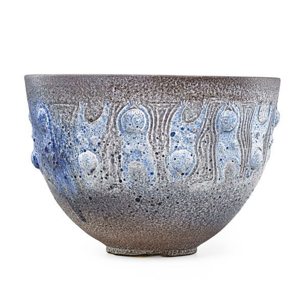 SCHEIER Massive bowl: EDWIN SCHEIER (1910 - 2008) MARY SCHEIER (1908 - 2007) Massive bowl, blue and purple glaze, Green Valley, AZ, 1992; Signed and dated; 10 1/4" x 14 3/4" Provenance: Collection of Burt Cureton and Chery