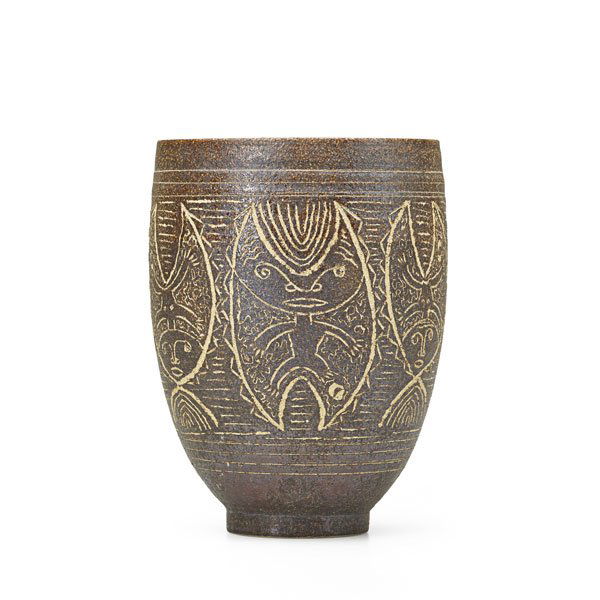 EDWIN AND MARY SCHEIER Coupe: EDWIN SCHEIER (1910 - 2008) MARY SCHEIER (1908 - 2007) Coupe with sgraffito decoration, New Hampshire, 1960s; Signed Scheier 10A, 1B; 7 1/4" x 5 1/4" Provenance: The Lillian Hoffman Collection; Fifty/