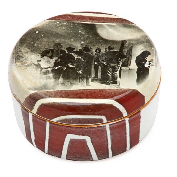 KA-KWONG HUI Covered box: KA-KWONG HUI (1922 - 2003) Glazed covered box with black and white photograph depicting a Robert Rauschenberg galllery opening, 1970s; Signed; 3 1/2" x 6 1/4"