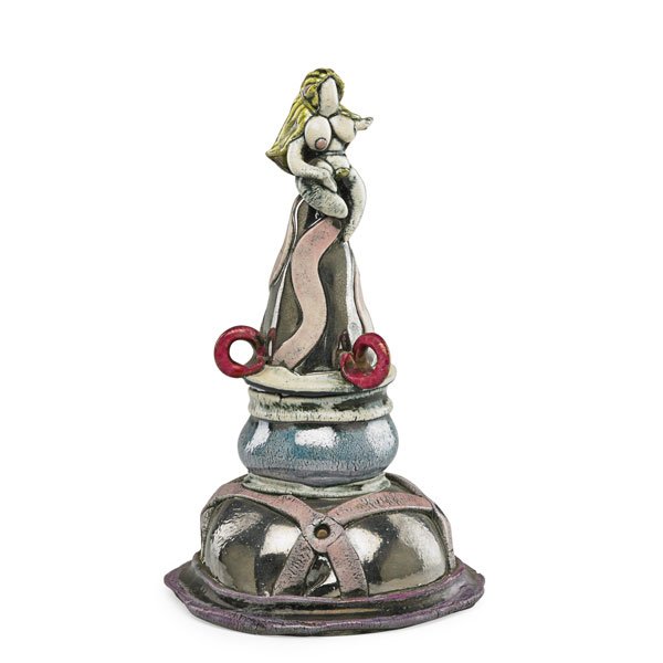 ERIK GRONBORG Covered jar: ERIK GRONBORG Glazed, raku-fired, and hand-built covered vessel with female nude, 1970s; Unmarked; 10 1/2" x 6"