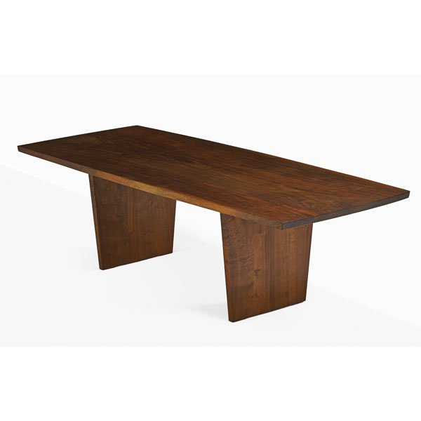 GEORGE NAKASHIMA Minguren III dining table: GEORGE NAKASHIMA (1905 - 1990) NAKASHIMA STUDIOS Exceptional Minguren III dining table, New Hope, PA, 1977; Figured walnut single slab top, walnut; Signed with client's name; 28 3/4" x 96" x 40" Prove