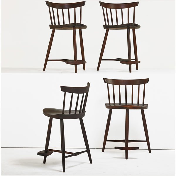 GEORGE NAKASHIMA Four Mira stools: GEORGE NAKASHIMA (1905 - 1990) NAKASHIMA STUDIOS Four walnut Mira Stools, New Hope, PA, 1955-1963; Two signed with client's name; 31 1/2" x 19" x 18" Provenance available: Copy of original order cards