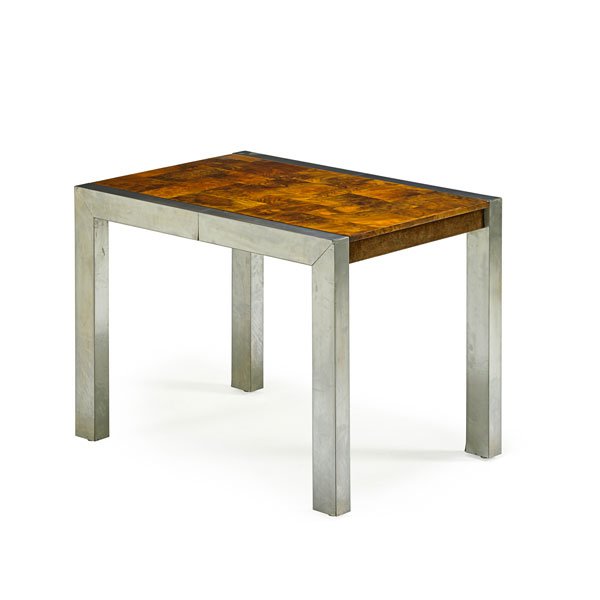 PAUL EVANS; DIRECTIONAL Backgammon table: PAUL EVANS (1931 - 1987) DIRECTIONAL Backgammon table, USA, 1970s; Matte-chromed steel, walnut burl, suede, laminate; Unmarked; 30" x 40" x 28 1/2"