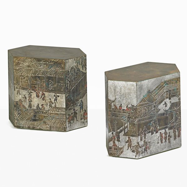 PHILIP AND KELVIN LaVERNE Two occasional tables: PHILIP LaVERNE (1908 - 1988) KELVIN LaVERNE (b. 1936) Pair of Chan occasional tables, New York, 1960s; Etched, patinated, and polychromed bronze, pewter; Both signed; 16" x 18" x 10"