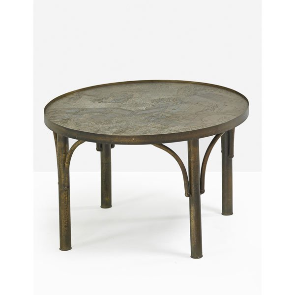 PHILIP AND KELVIN LaVERNE Chan occasional table: PHILIP LaVERNE (1908 - 1988) KELVIN LaVERNE (b. 1936) Chan occasional table, New York, 1960s; Patinated and polychromed bronze, pewter; Raised signature; 17" x 28" dia.