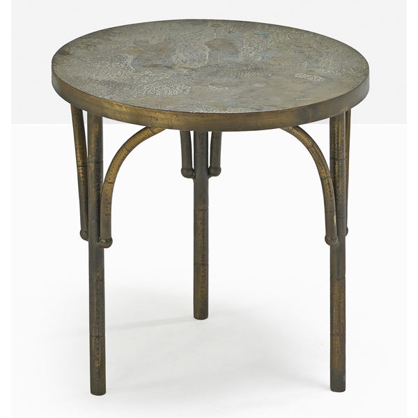 PHILIP AND KELVIN LaVERNE Chan side table: PHILIP LaVERNE (1908 - 1988) KELVIN LaVERNE (b. 1936) Chan side table, New York, 1960s; Patinated and polychromed bronze, pewter; Raised signature; 17" x 18" dia.
