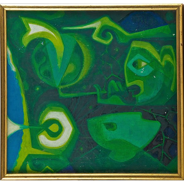 TOMMI PARZINGER Oil on canvas: TOMMI PARZINGER (1903 - 1981) Oil on canvas (framed), "Two Gnomes, Green," New York, 1968; Signed and dated; Canvas only: 21" x 20"