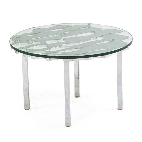 ERNEST TROVA Occasional table: ERNEST TROVA (1927 - 2009) Occasional table, USA, 1978; Chromed steel, glass; Stamped with artist's cipher/TROVA/1978/64; 15" x 24"