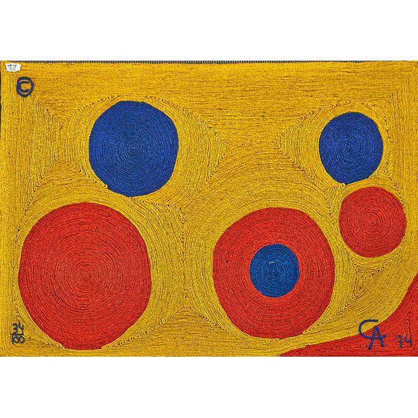 AFTER ALEXANDER CALDER "Sun" tapestry: AFTER ALEXANDER CALDER (1898 - 1976) BON ART Maguey fiber tapestry, "Sun," Guatemala, 1974; Embroidered CA 74, copyright, 34/100; Fabric Bon Art label; 48" x 72"