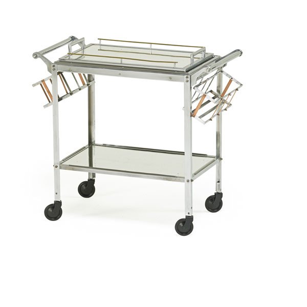 STYLE OF RENE HERBST Bar cart: STYLE OF RENE HERBST Bar cart, France, 1930s; Nickeled brass, brass, copper, mirror, casters; Unmarked; 28" x 33" x 15"