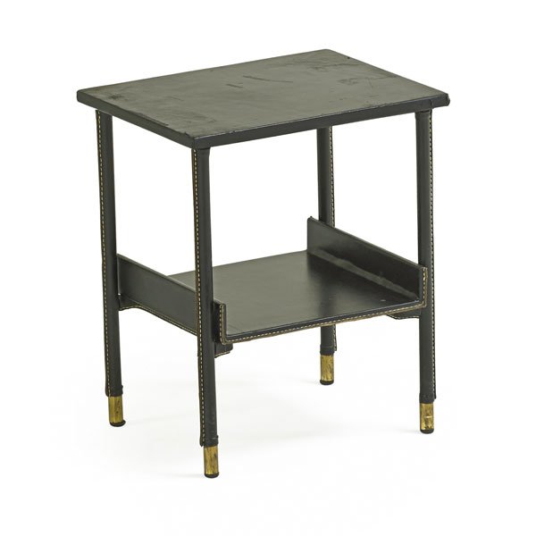 JACQUES ADNET Side table: JACQUES ADNET (1901 - 1984) Side table, France, 1950s; Stitched leather, brass; Unmarked; 19" x 16" x 12 1/2"