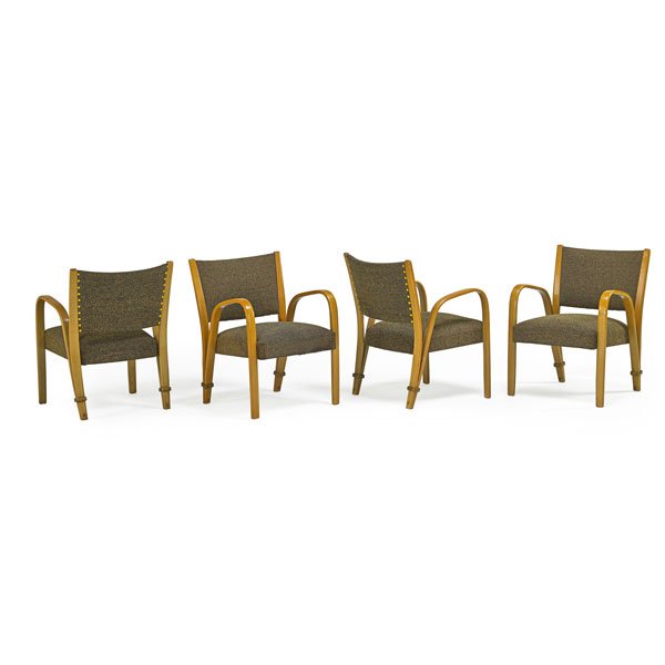 STEINER Four chairs and table: STEINER Four armchairs and table, France, 1950s; Bent ash, upholstery, vinyl, brass; Manufacturer's labels; Chairs: 31" x 22 1/2" x 24", table: 28 1/4" x 30" sq.