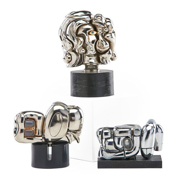 MIGUEL BERROCAL Three erotic puzzle sculptures: MIGUEL BERROCAL (Spanish, 1933-2006) Three erotic puzzle sculptures, Verona, Italy, des. 1970s: "Mini Zoraidi (Hommage a Paloma)," "Mini Maria" and "Portrait de Michele"; Nickel-plated brass, plastic;