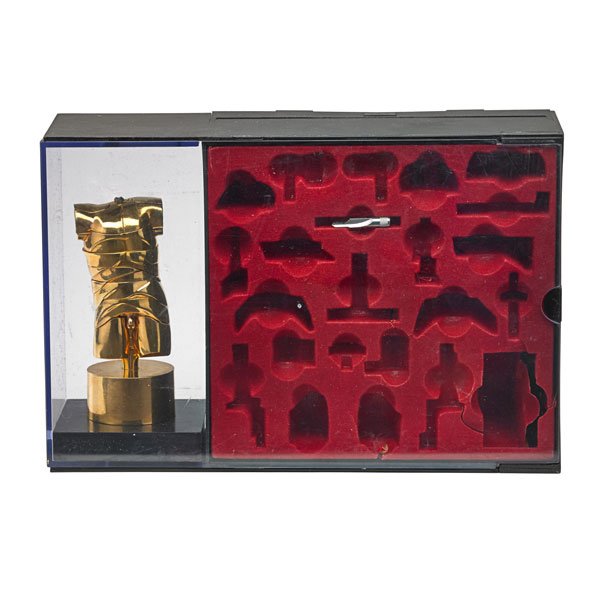 MIGUEL BERROCAL Erotic puzzle sculpture: MIGUEL BERROCAL (Spanish, 1933-2006) "Mini David" erotic puzzle sculpture, Verona, Italy, des. 1969; Complete with display case; Gold-plated brass; Stamped Berrocal, numbered 000161; 5 1/2" x 2 1/4"