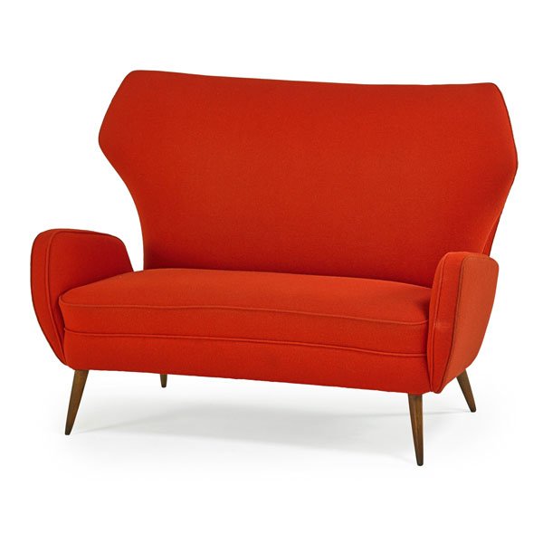 STYLE OF ICO PARISI Settee: STYLE OF ICO PARISI Settee, Italy, 1950s; Beech, wool; Unmarked; 38 1/2" x 50 1/2" x 28"