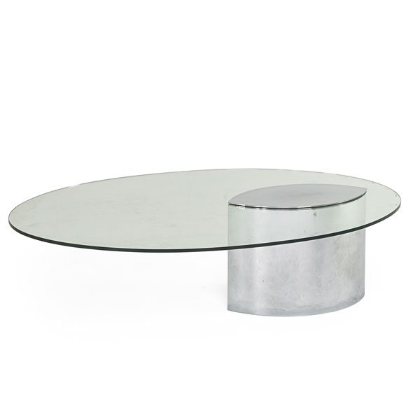 CINI BOERI; KNOLL Coffee table: CINI BOERI (b. 1924) KNOLL INTERNATIONAL Coffee table, Italy/USA, 1970s; Chromed steel, glass; Glass etched S.T. GLASSFER, manufacturer/retailer label on interior of base; 16 1/2" x 59" x 43"