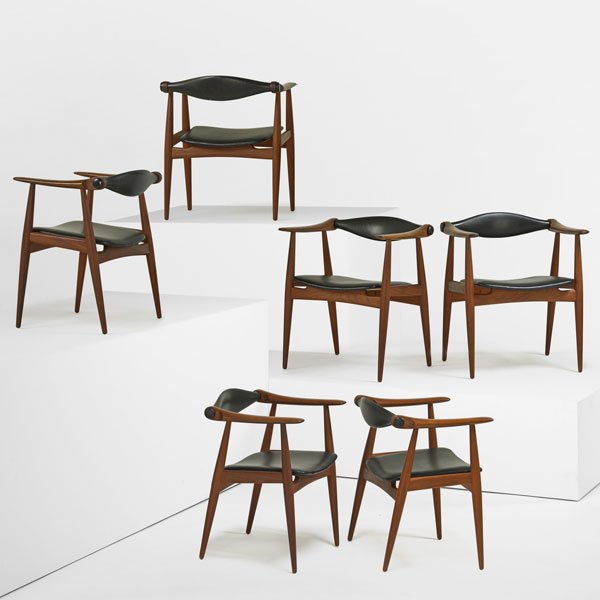 HANS WEGNER Rare set of six chairs: HANS WEGNER (1914 - 2007) CARL HANSEN & SON Rare set of six armchairs (CH34), Denmark, 1960s; Sculpted teak, leather; All branded with manufacturer's stamp and Danish control labels; 28 1/2" x 24 1/2"