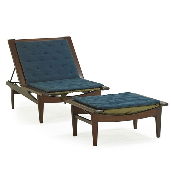HANS WEGNER; GETAMA Adjustable lounge and ottoman: HANS WEGNER (1914 - 2007) GETAMA Adjustable lounge chair and ottoman, Denmark, 1950s; Padouk, enameled steel, brass, upholstery; Manufacturer's branding to chair and ottoman; Chair: 30" x 30" x 72", o