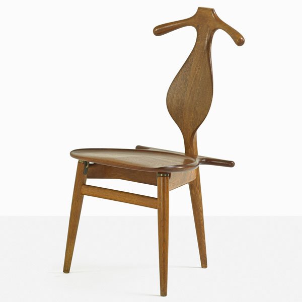 HANS WEGNER; JOHANNES HANSEN Valet chair: HANS WEGNER (1914 - 2007) JOHANNES HANSEN Valet chair, Denmark, 1960s; Oak, teak, brass, leather; Branded; 37 1/4" x 20" x 21"