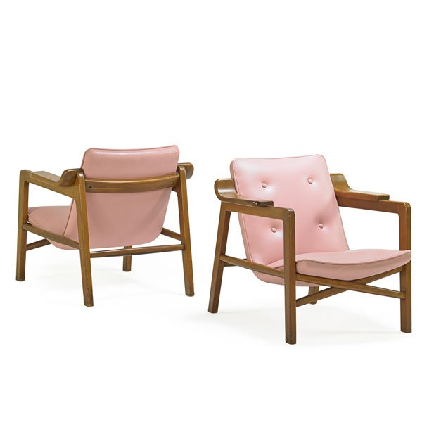 EDVARD AND TOVE KINDT-LARSEN Pair of chairs: EDVARD KINDT-LARSEN (1901 - 1982) TOVE KINDT-LARSEN (1906 - 1994) GUSTAV BERTELSEN & CO. Pair of Fireside chairs, Denmark, 1950s; Cherry, vinyl; Unmarked; 28" x 27 1/2" x 28"